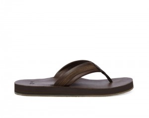 Men Sanuk Hullsome Leather St Hemp Flip Flops Dark Brown | LFK876051