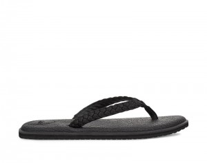 Women Sanuk Yoga Braid Leather Flip Flops Black | WXQ963845