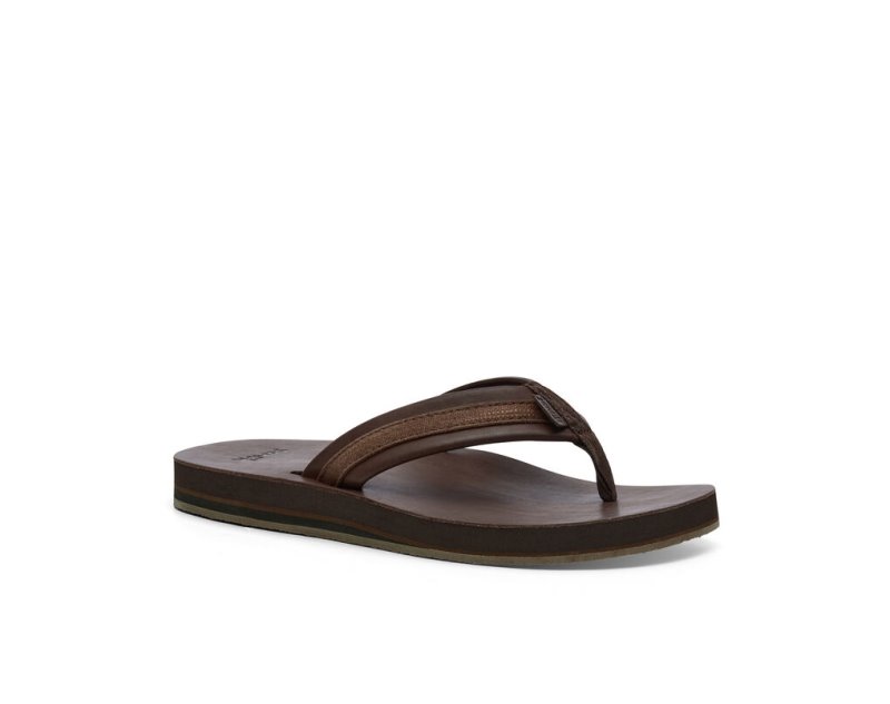 Men Sanuk Hullsome Leather St Hemp Flip Flops Dark Brown | LFK876051