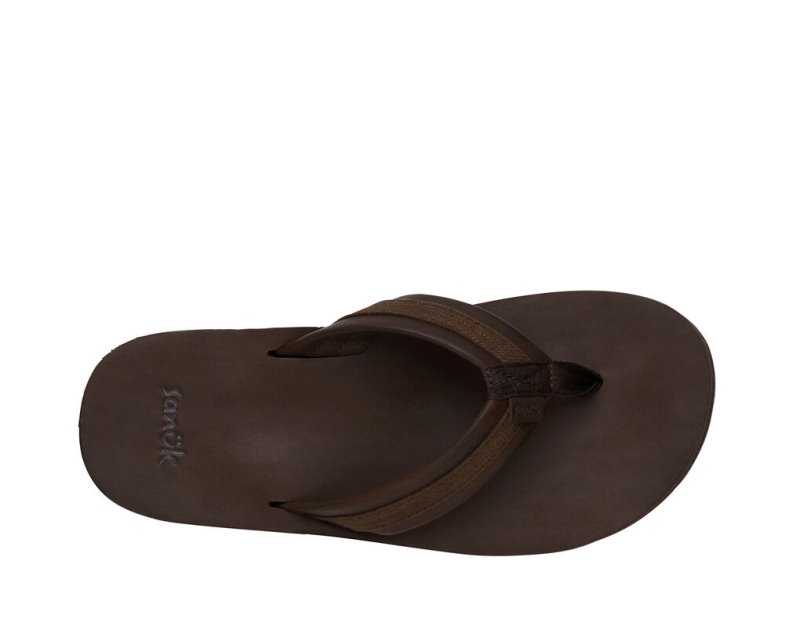 Men Sanuk Hullsome Leather St Hemp Flip Flops Dark Brown | LFK876051