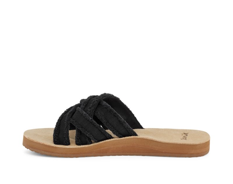 Women Sanuk Fraidy Slide Sandals Black | LRJ784952