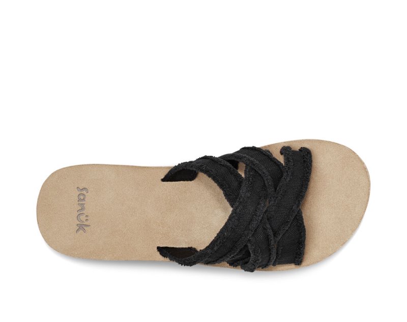 Women Sanuk Fraidy Slide Sandals Black | LRJ784952