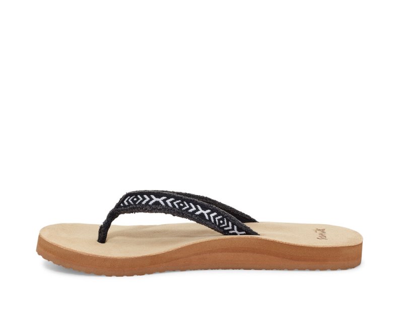 Women Sanuk Fraidy Tribal Hemp Flip Flops Black / White | JXL180763