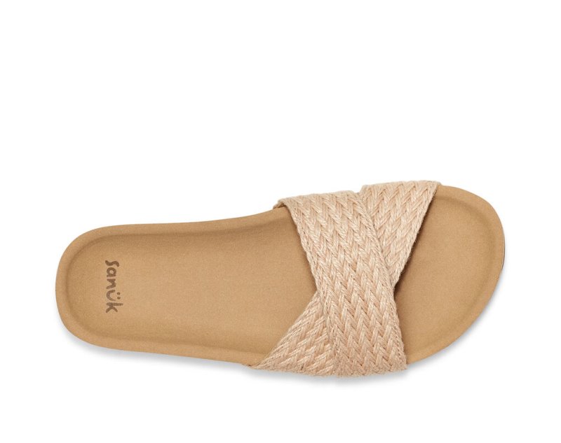 Women Sanuk She Cruzy Jute Vegan Slide Flip Flops Beige | MZV340718