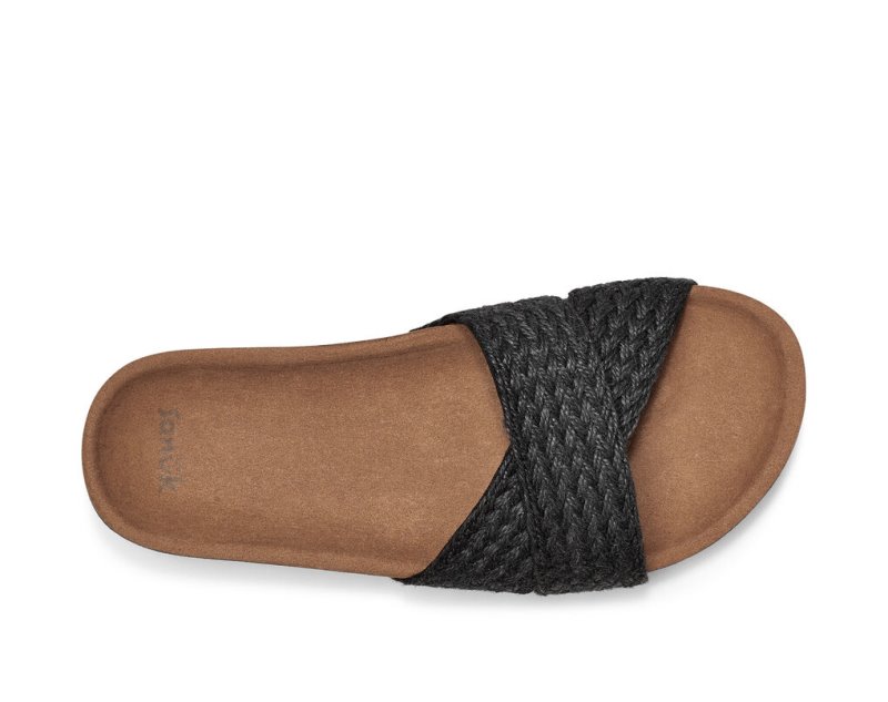 Women Sanuk She Cruzy Jute Vegan Slide Sandals Black | CDV460529