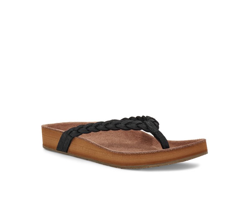 Women Sanuk She Loungy Braid Leather Flip Flops Black | ABO174096