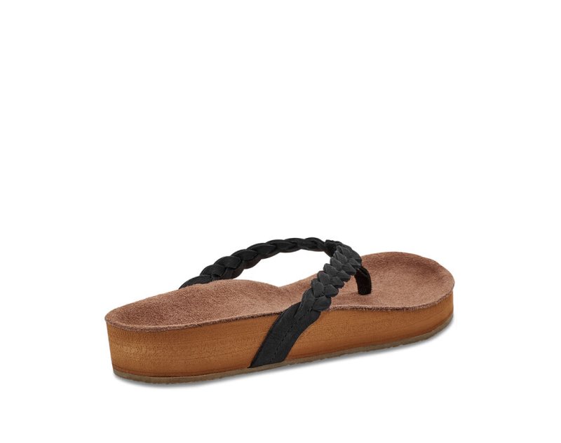 Women Sanuk She Loungy Braid Leather Flip Flops Black | ABO174096