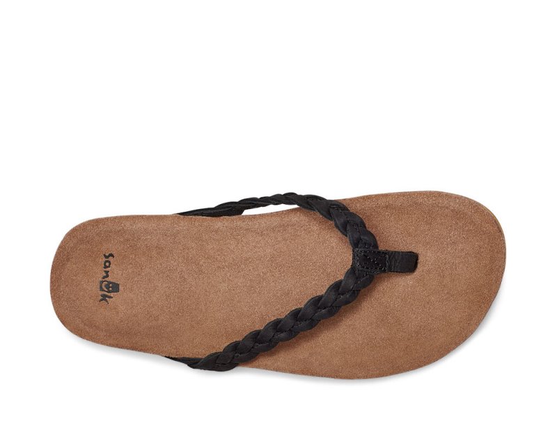 Women Sanuk She Loungy Braid Leather Flip Flops Black | ABO174096