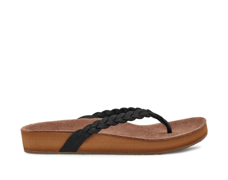 Women Sanuk She Loungy Braid Leather Flip Flops Black | ABO174096