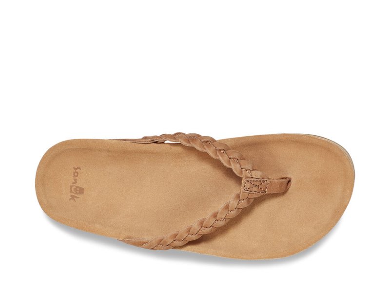 Women Sanuk She Loungy Braid Leather Flip Flops Brown | IQK527348