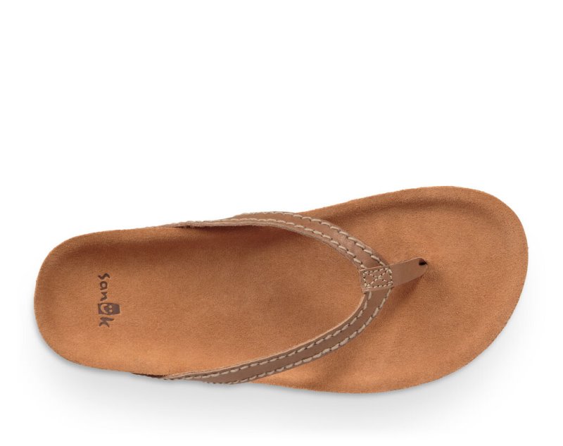 Women Sanuk She Loungy Leather Flip Flops Brown | MUC896407