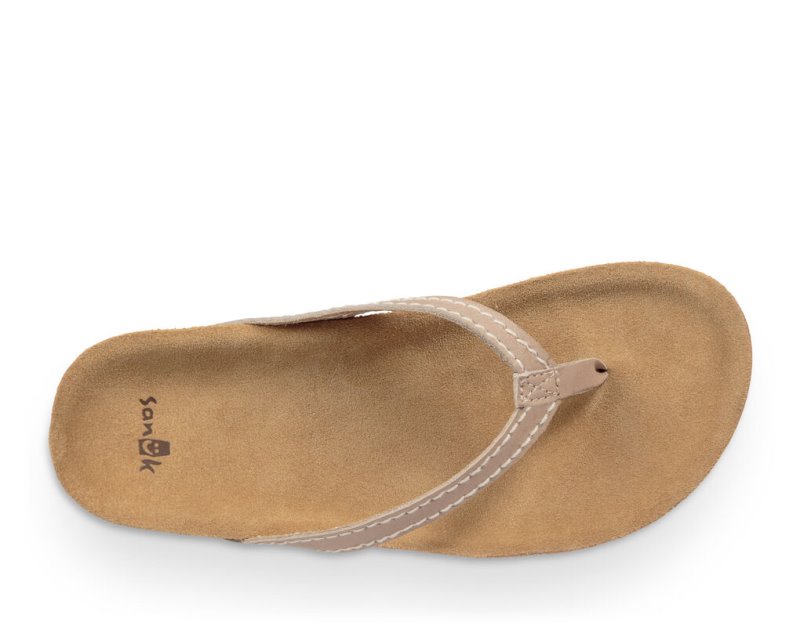 Women Sanuk She Loungy Leather Flip Flops Beige | BPR592061