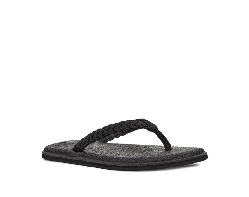 Women Sanuk Yoga Braid Leather Flip Flops Black | WXQ963845