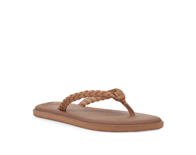 Women Sanuk Yoga Braid Leather Flip Flops Brown | PEN205947