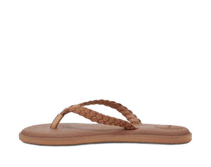 Women Sanuk Yoga Braid Leather Flip Flops Brown | PEN205947