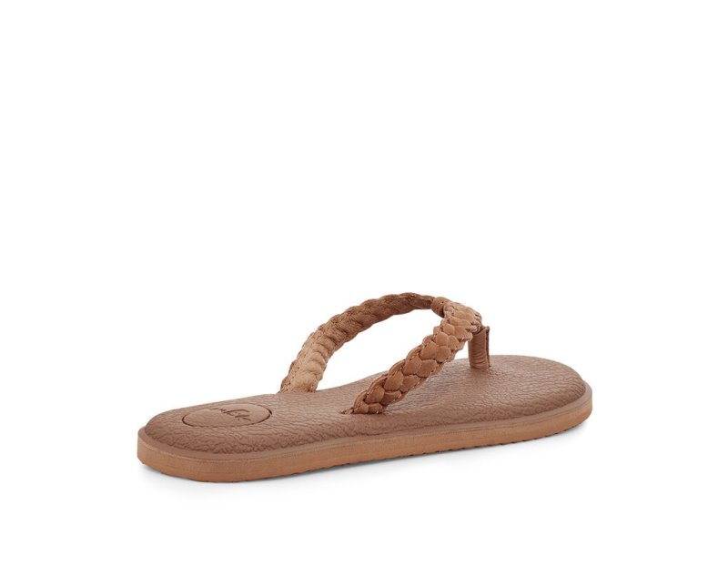 Women Sanuk Yoga Braid Leather Flip Flops Brown | PEN205947