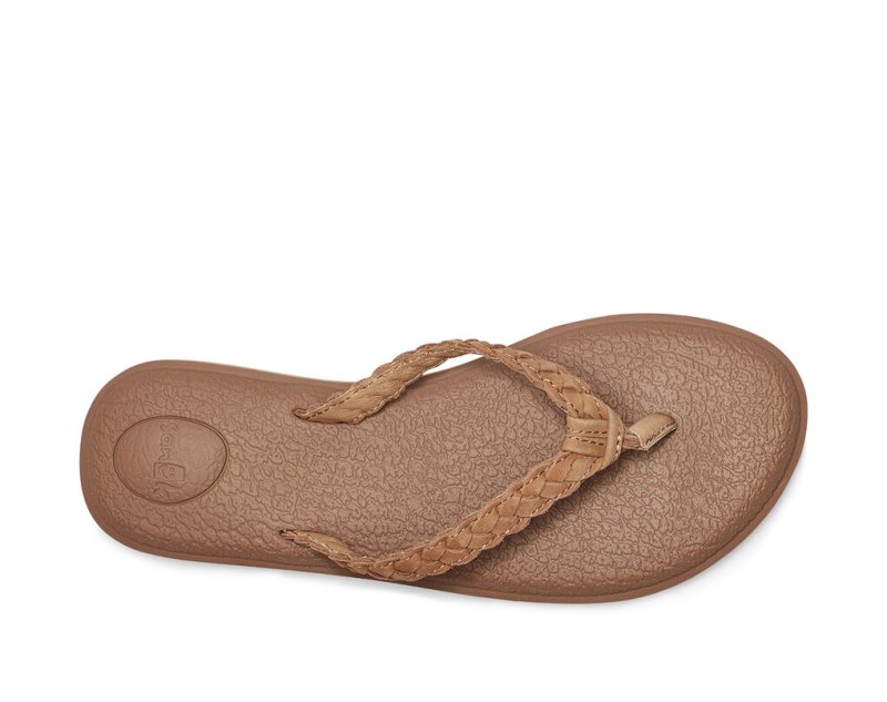 Women Sanuk Yoga Braid Leather Flip Flops Brown | PEN205947