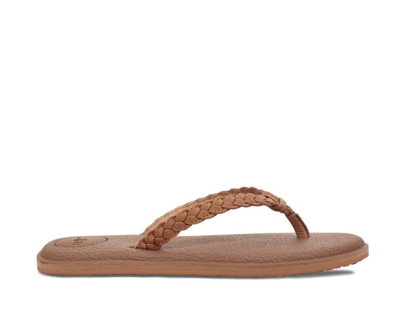 Women Sanuk Yoga Braid Leather Flip Flops Brown | PEN205947