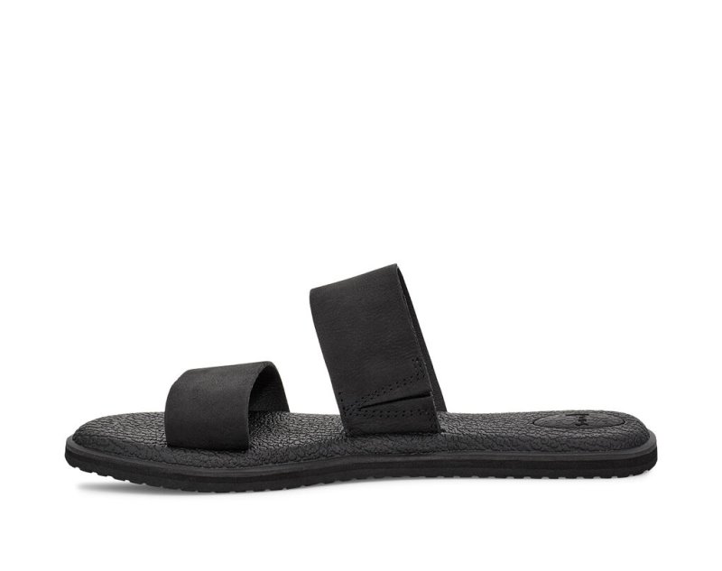 Women Sanuk Yoga Gora Leather Flip Flops Black | VKU658231