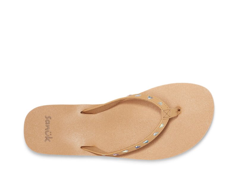 Women Sanuk Yoga Joy Bling Rhinestone Flip Flops Khaki | XWP071854