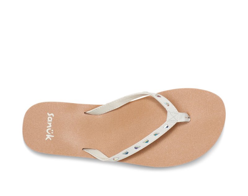 Women Sanuk Yoga Joy Bling Rhinestone Flip Flops White / Brown | EXO709462